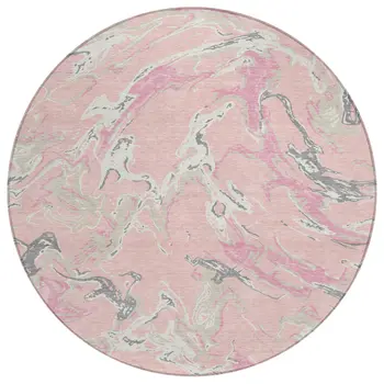 8' Pink Gray And Ivory Round Abstract Washable Indoor Outdoor Area Rug