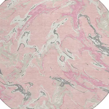 8' Pink Gray And Ivory Round Abstract Washable Indoor Outdoor Area Rug