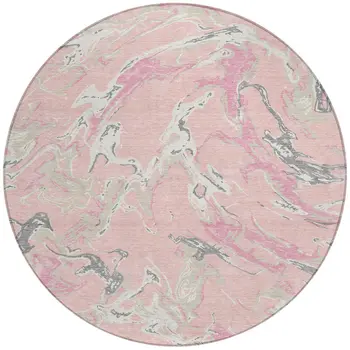 8' Pink Gray And Ivory Round Abstract Washable Indoor Outdoor Area Rug