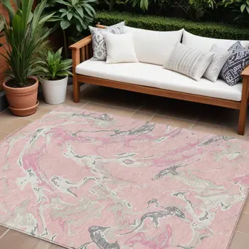8' X 10' Pink Gray And Ivory Abstract Washable Indoor Outdoor Area Rug