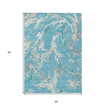 3' X 5' Teal Blue Ivory And Gray Abstract Washable Indoor Outdoor Area Rug