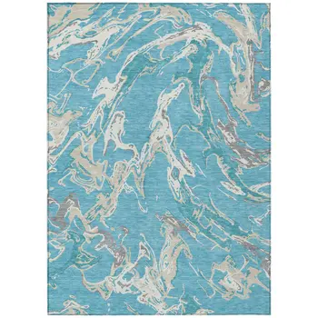 3' X 5' Teal Blue Ivory And Gray Abstract Washable Indoor Outdoor Area Rug