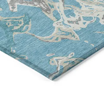 3' X 5' Teal Blue Ivory And Gray Abstract Washable Indoor Outdoor Area Rug