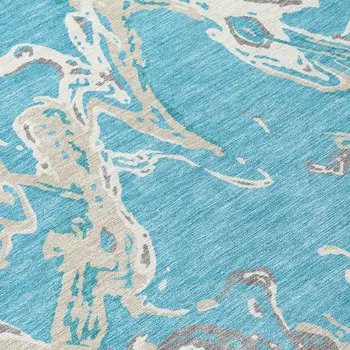 3' X 5' Teal Blue Ivory And Gray Abstract Washable Indoor Outdoor Area Rug