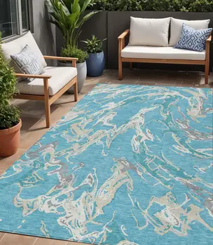 5' X 8' Teal Blue Ivory And Gray Abstract Washable Indoor Outdoor Area Rug
