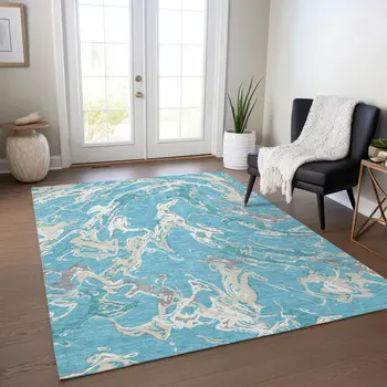 5' X 8' Teal Blue Ivory And Gray Abstract Washable Indoor Outdoor Area Rug