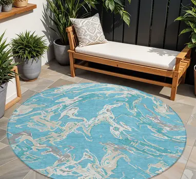 8' Teal Blue Ivory And Gray Round Abstract Washable Indoor Outdoor Area Rug