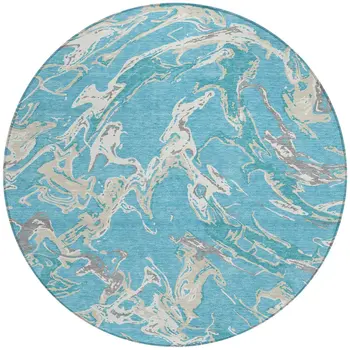 8' Teal Blue Ivory And Gray Round Abstract Washable Indoor Outdoor Area Rug