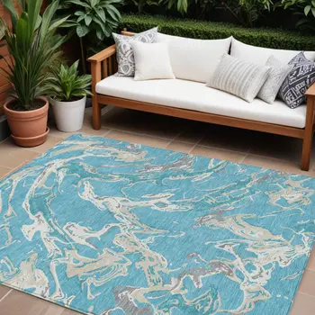 8' X 10' Teal Blue Ivory And Gray Abstract Washable Indoor Outdoor Area Rug