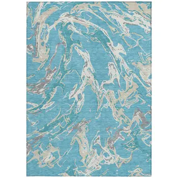 9' X 12' Teal Blue Ivory And Gray Abstract Washable Indoor Outdoor Area Rug