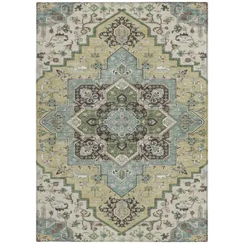 3' X 5' Beige Green And Brown Oriental Washable Indoor Outdoor Area Rug