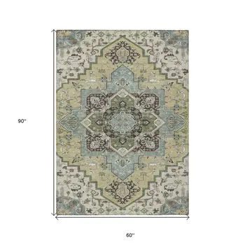 5' X 8' Beige Green And Brown Oriental Washable Indoor Outdoor Area Rug