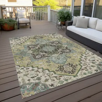 5' X 8' Beige Green And Brown Oriental Washable Indoor Outdoor Area Rug