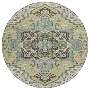 8' Beige Green And Brown Round Oriental Washable Indoor Outdoor Area Rug