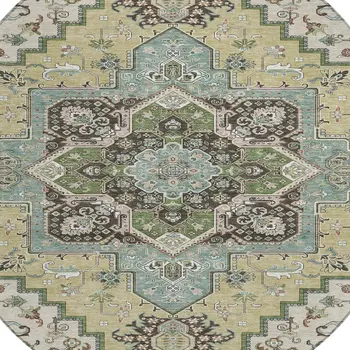8' Beige Green And Brown Round Oriental Washable Indoor Outdoor Area Rug