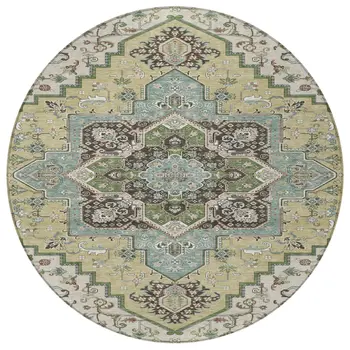 8' Beige Green And Brown Round Oriental Washable Indoor Outdoor Area Rug