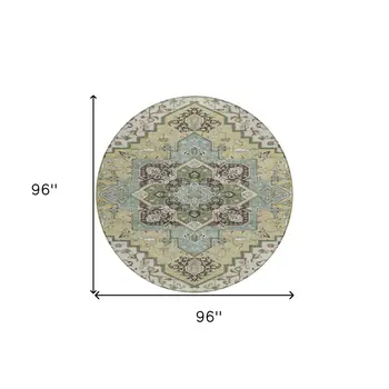 8' Beige Green And Brown Round Oriental Washable Indoor Outdoor Area Rug
