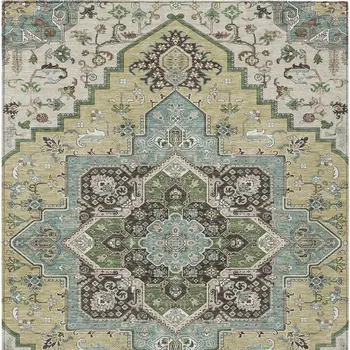 9' X 12' Beige Green And Brown Oriental Washable Indoor Outdoor Area Rug