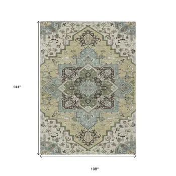 9' X 12' Beige Green And Brown Oriental Washable Indoor Outdoor Area Rug