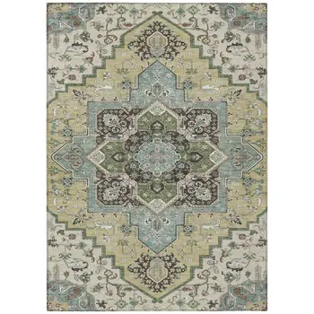 9' X 12' Beige Green And Brown Oriental Washable Indoor Outdoor Area Rug