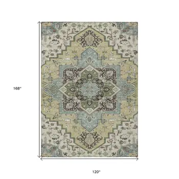 10' X 14' Beige Green And Brown Oriental Washable Indoor Outdoor Area Rug
