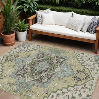 10' X 14' Beige Green And Brown Oriental Washable Indoor Outdoor Area Rug