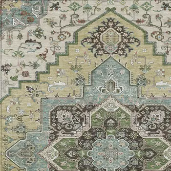 10' X 14' Beige Green And Brown Oriental Washable Indoor Outdoor Area Rug
