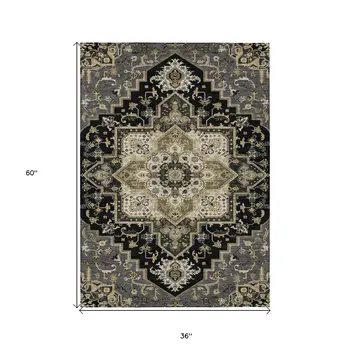3' X 5' Black Gray And Ivory Oriental Washable Indoor Outdoor Area Rug