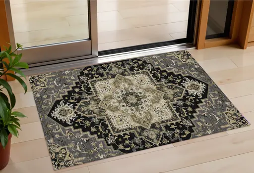 3' X 5' Black Gray And Ivory Oriental Washable Indoor Outdoor Area Rug