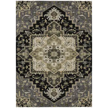 3' X 5' Black Gray And Ivory Oriental Washable Indoor Outdoor Area Rug