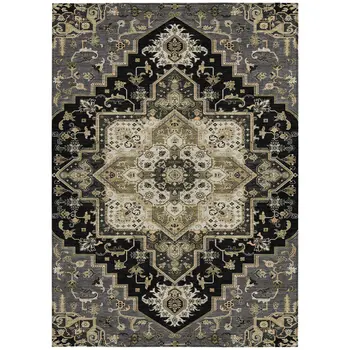 5' X 8' Black Gray And Ivory Oriental Washable Indoor Outdoor Area Rug