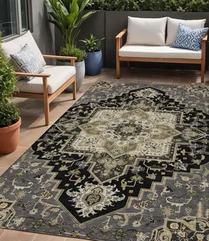 5' X 8' Black Gray And Ivory Oriental Washable Indoor Outdoor Area Rug