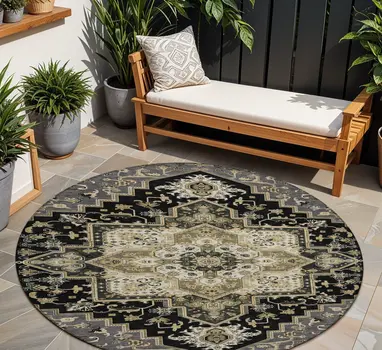 8' Black Gray And Ivory Round Oriental Washable Indoor Outdoor Area Rug