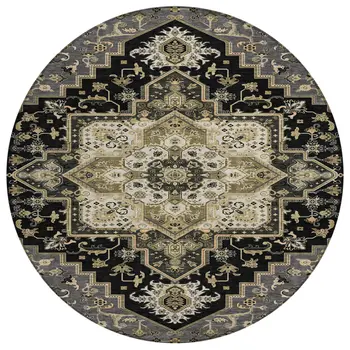 8' Black Gray And Ivory Round Oriental Washable Indoor Outdoor Area Rug