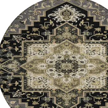 8' Black Gray And Ivory Round Oriental Washable Indoor Outdoor Area Rug