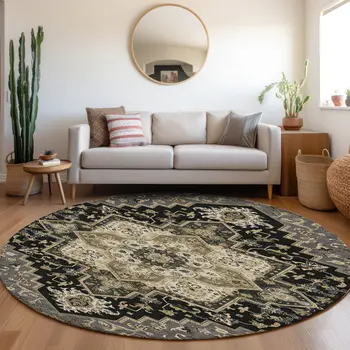 8' Black Gray And Ivory Round Oriental Washable Indoor Outdoor Area Rug