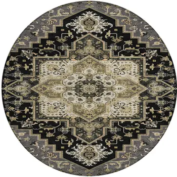8' Black Gray And Ivory Round Oriental Washable Indoor Outdoor Area Rug