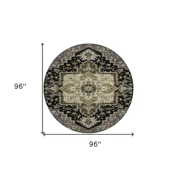 8' Black Gray And Ivory Round Oriental Washable Indoor Outdoor Area Rug