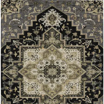 9' X 12' Black Gray And Ivory Oriental Washable Indoor Outdoor Area Rug