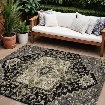9' X 12' Black Gray And Ivory Oriental Washable Indoor Outdoor Area Rug