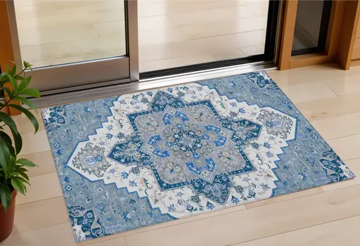 3' X 5' Blue Gray And Ivory Oriental Washable Indoor Outdoor Area Rug