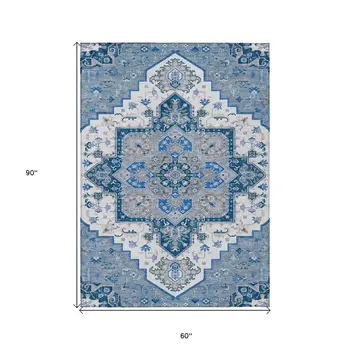 5' X 8' Blue Gray And Ivory Oriental Washable Indoor Outdoor Area Rug