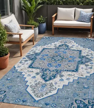 5' X 8' Blue Gray And Ivory Oriental Washable Indoor Outdoor Area Rug