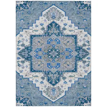 5' X 8' Blue Gray And Ivory Oriental Washable Indoor Outdoor Area Rug