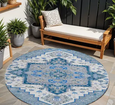 8' Blue Gray And Ivory Round Oriental Washable Indoor Outdoor Area Rug