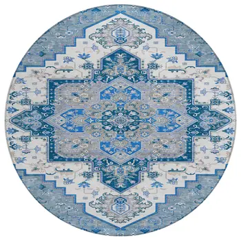 8' Blue Gray And Ivory Round Oriental Washable Indoor Outdoor Area Rug