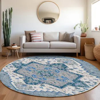 8' Blue Gray And Ivory Round Oriental Washable Indoor Outdoor Area Rug