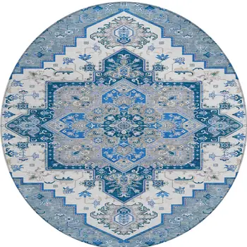 8' Blue Gray And Ivory Round Oriental Washable Indoor Outdoor Area Rug