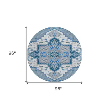8' Blue Gray And Ivory Round Oriental Washable Indoor Outdoor Area Rug