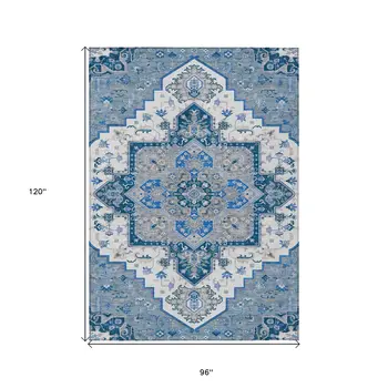 8' X 10' Blue Gray And Ivory Oriental Washable Indoor Outdoor Area Rug